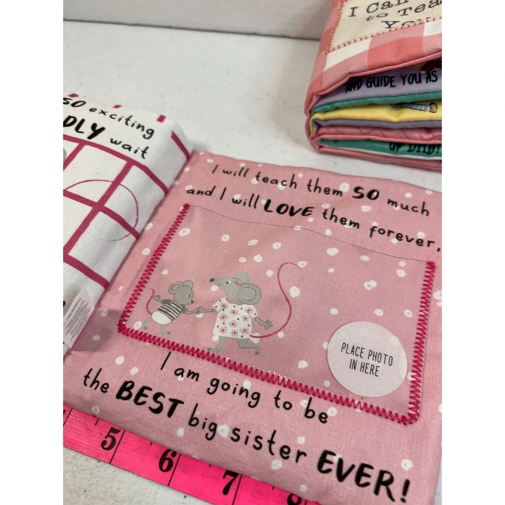 Mud Pie Big Sister Soft Fabric Baby Book Set Pink Gingham Mouse Photo Sleeve
